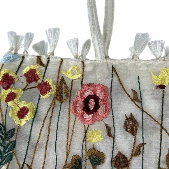 Zara Embroidered Floral Tote Bag Cream Sheer Mesh Medium - Picture 2 of 11